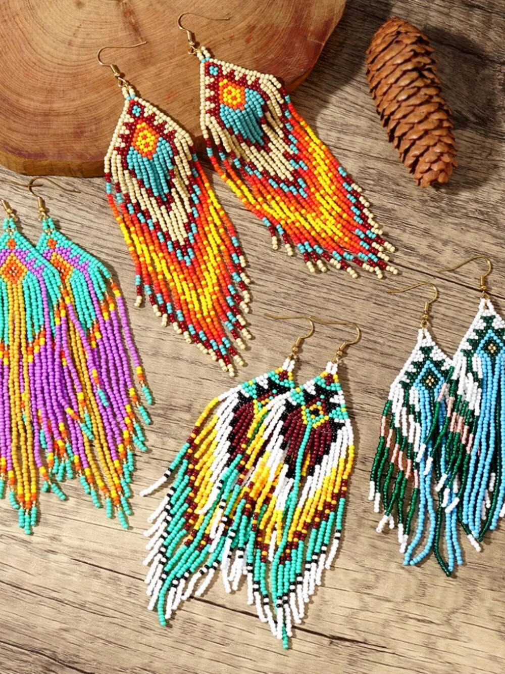Boho Hand Woven Seed Bead Long Tassel Drop Earrings Colorful Tribal Style Dangle